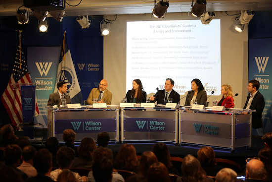 Panelists at an SEJ-Wilson Center event on Jan. 26 warned of numerous showdowns over environment and energy policy in the year ahead. Left to right, moderator Scott Tong of American Public Media’s Marketplace; Nirmal Ghosh, U.S. bureau chief for the Straits Times; Ariel Wittenberg of E&E News; Matthew Daly of the Associated Press; Valerie Volcovici of Reuters;  Pat Rizzuto of Bloomberg Environment, and Brady Dennis of the Washington Post.